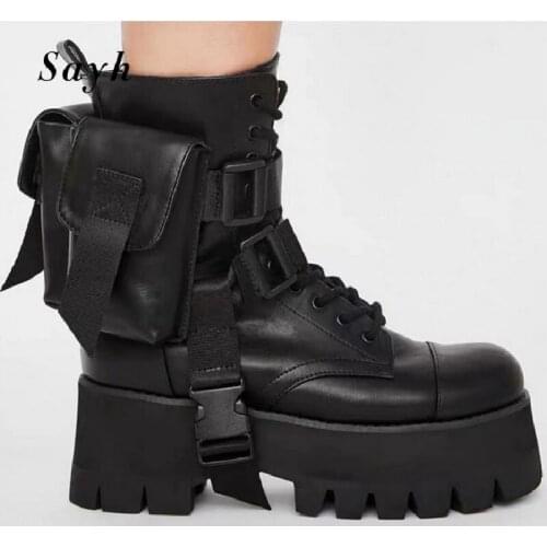 Female Ankle Boots With Pocket Combat Leather Shoes Platform Chunky Heels Shoes Women High Heel Casual Booties
