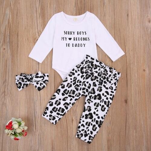 Infant Newborn Baby Girl 3Pcs Set Clothes Long Sleeve Letter Print Bodysuits Leopard Pants Headband Valentine Day Spring Autumn