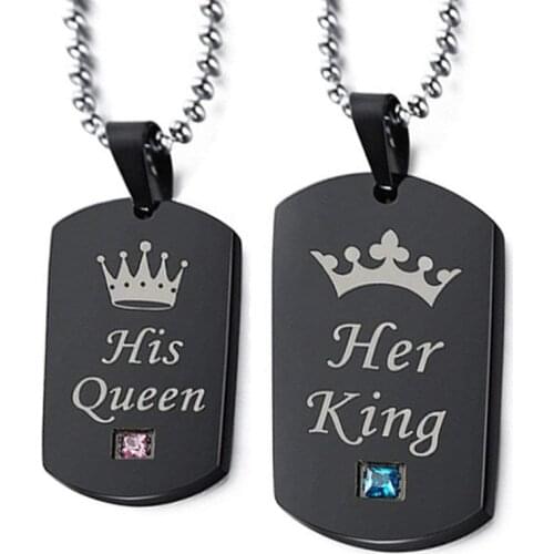 His Queen Her King Engraved Lettering Dog Tag Pendant Necklaces for Couple Lovers 2PCS Women Men Necklace Set (A)