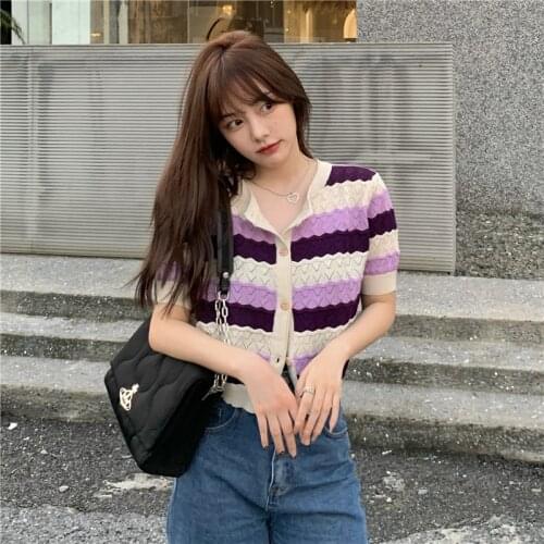 Cardigan Rainbow Striped Short-sleeved Sweater Women Summer New Korean Style Loose and Thin All-match Blouse