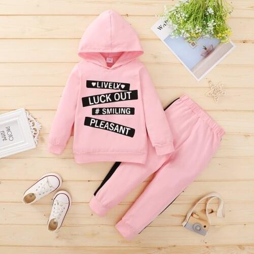 Children Tracksuit Set Girls Clothes Letter Print Long Sleeve Hooded Tops + Solid Color Trousers Kids Autumn Winter Set