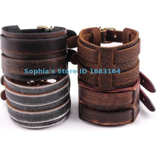 Lot 4PC Brown & Gray Cool Double Band Vintage Leather Bracelet Bangle Wristband Mens Wide Cuff New