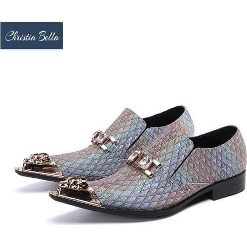 Christia Bella Fashion Men Wedding Party Dress Shoes Metal Pointed Toe Business Leather Shoes Big Size Male Formal Brogue Shoes