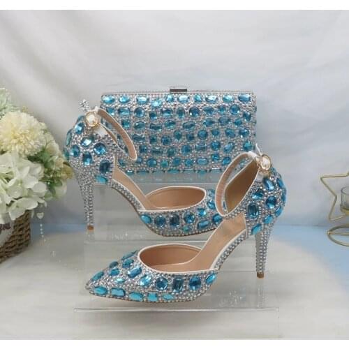 Fashion Bride Wedding Shoes With Bag Set Blue Pointed Toe Sandals Ankle Strap Crystal Bridesmaid Party Dress Shoes Rhinestone