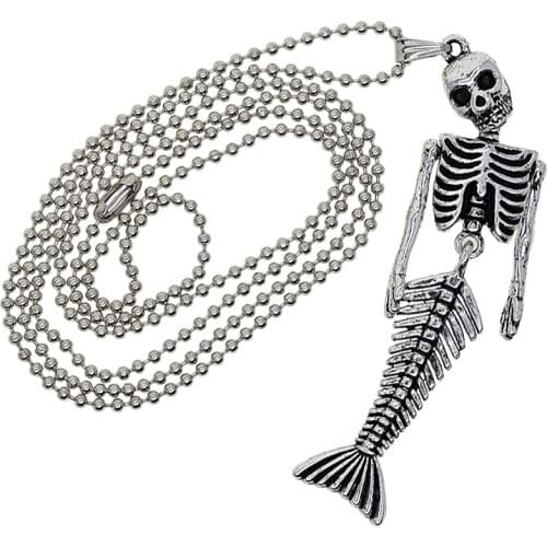 Halloween Alloy Beaded Chain Necklace with Mermaid Skeleton Pendant Charms Fashion Jewelry Men Women Necklace Tibetan