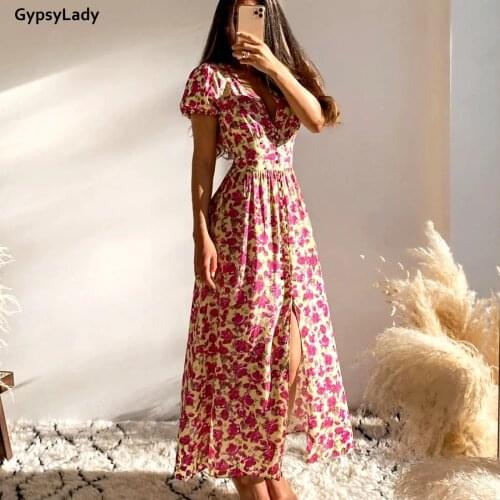 GypsyLady Floral Printed Maxi Dress Pink Vintage Boho Summer Dresses Women Button Front Sexy Ladies Holiday Ladies Female Dress