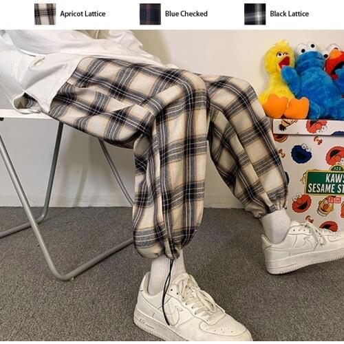 Plaid Straight Pants Men Women Casual Nine-point Sports Drawstring Harlan Pants Loose All-macth Trend Male Trousers Four Seasons