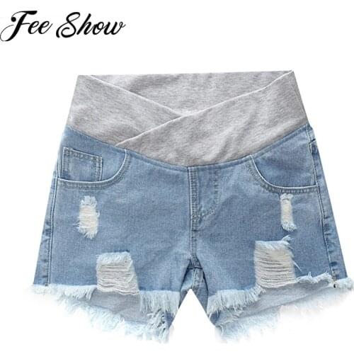 Maternity Ripped Denim Shorts Summer Pregnant Women Low Waisted Support Belt Denim Jeans Loose Short Pockets Pants for Pregnancy
