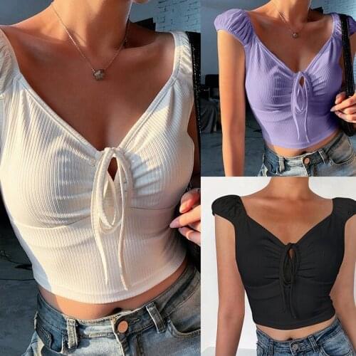 Sexy Women Cropped Top Short Sleeve T Shirt Summer Lace Up Slim Fashion Casual Hollow Out V Neck T Shirt