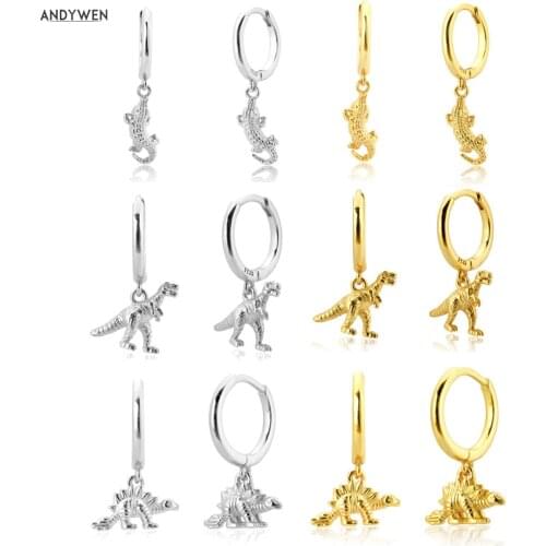 ANDYWEN 925 Sterling Silver Lizard Pendant Dinosaur Piercing Pendiente Drop Earring 2020 Animal Rock Punk Gold Collection Jewels