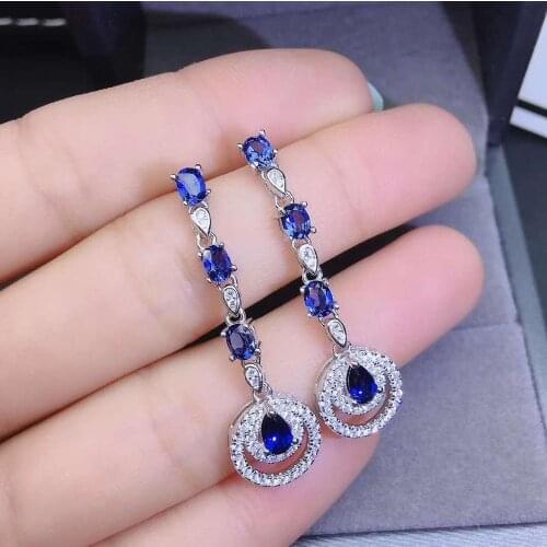 Natural And Real Blue Sapphire925 Sterling Silver Gemstone Earrings for Women Fine Jewelry Wedding Engagement Valentines Gift