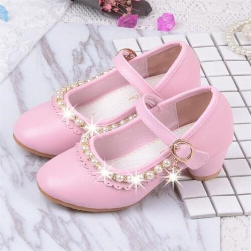 Girls high heels high-grade leather sweet fashion beading childrens princess shoes female students performance dance shoes