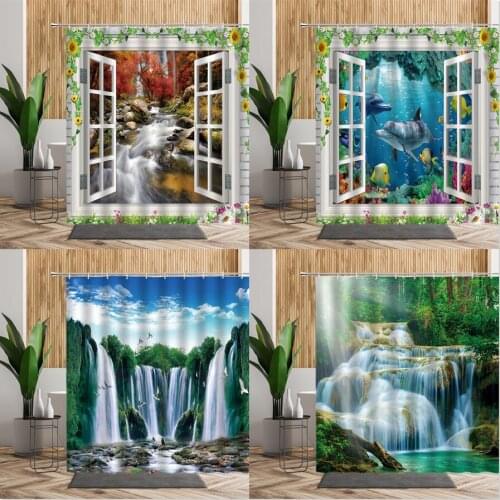 Waterfall Landscape Photo Shower Curtain Forest Sunflower Leaves Water Home Bath Decor Opening Window Scenery Bathroom Curtains