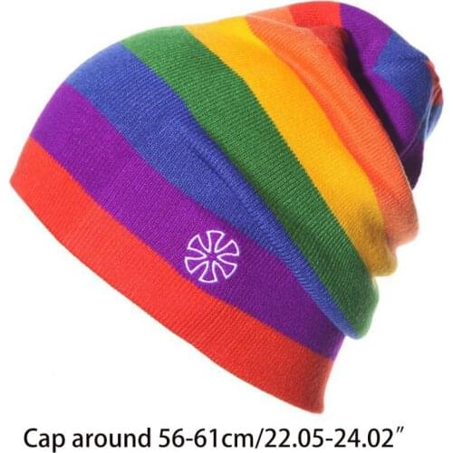 Women Men Winter Knitted Ski Beanie Hat Rainbow Contrast Color Striped Baggy Slouchy Cap for Outdoor Hip Hop Hiking Cycling Walk