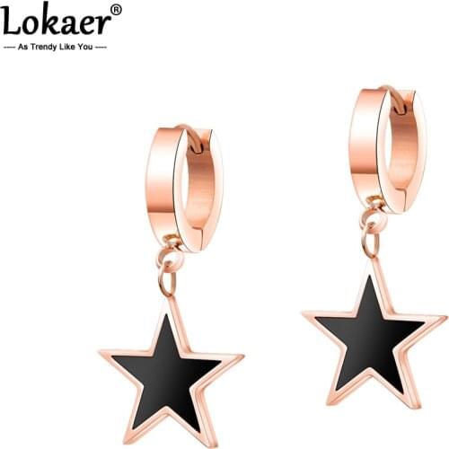 Lokaer Fashion Black Pentagram Earrings For Women Girls Titanium Steel Rose Gold Color Female Hoop Earrings Pendientes E17080