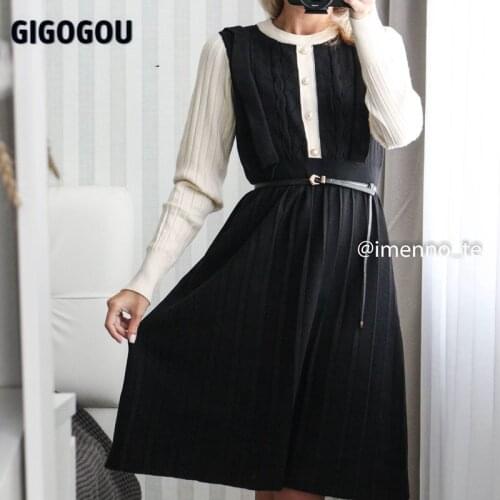 GIGOGOU Ruffled Knit Women A Line Sweate Dress Autumn Winter Thick Warm Pleated Dresses O Neck Button CHIC Female Maxi Dress