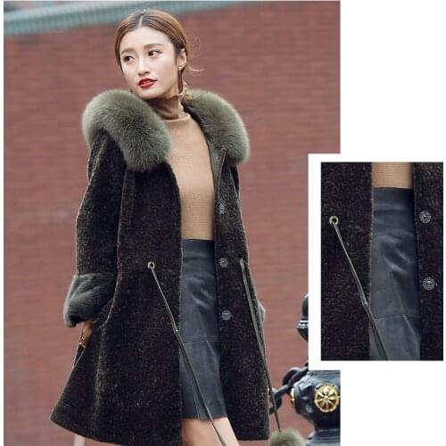Winter Women Sheep Shearling Coat Female Real Fox Fur Collar Wool Coats Long Jacket Plus Size 5xl MY4215