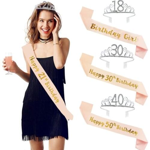 Bling Rhinestone Crystal Crown Tiara Birthday Anniversary Decoration Happy 18 21 30 40 50th Birthday Satin Sash Party Supplies