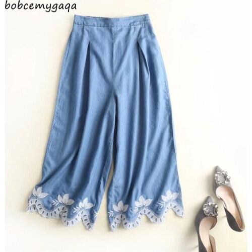 Embroidery denim wide leg pants blue Jeans loose palazzo pants elastic waist casual summer casual soft pleated pants beach