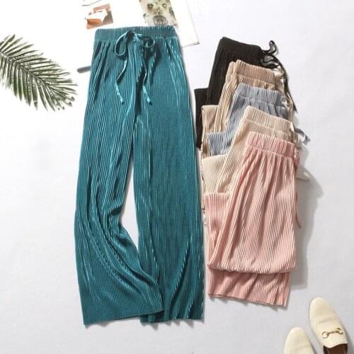 Womens Pants Paper Pleated Wide Leg High Waist Drape Summer New Loose Casual Pants Chiffon Trousers Ice Silk Ankle-Length pant