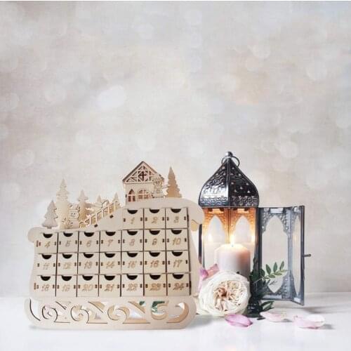 Sleigh Wooden Advent Calendar Countdown Christmas Party Decor 24 Drawers with LED Light Ornament