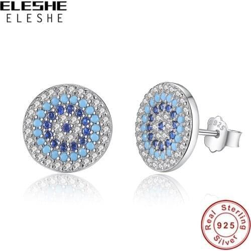 ELESHE Wholesale 100% 925 Sterling Silver with CZ Blue Lucky Eyes Round Stud Earrings For Women Original Trendy Jewelry