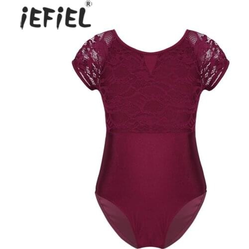 IEFiEL Teen Girls Turnpakje Ballerina Floral Lace Bowtie Shaped Back Ballet Dance Gymnastics Ballet Leotard Bodysuit for Kids