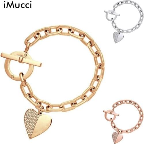 IMucci Fashion Exquisite Charm Polishing Crystal Gold Sliver Rose Gold Wrist Bracelet Trendy Luxury Heart Metal Cuff Bracelet