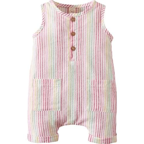2021-04-05 Lioraitiin 0-12M Infant Newborn Baby Girls Striped Printed Short Romper Sleeveless O-neck Jumpsuit with Pockets