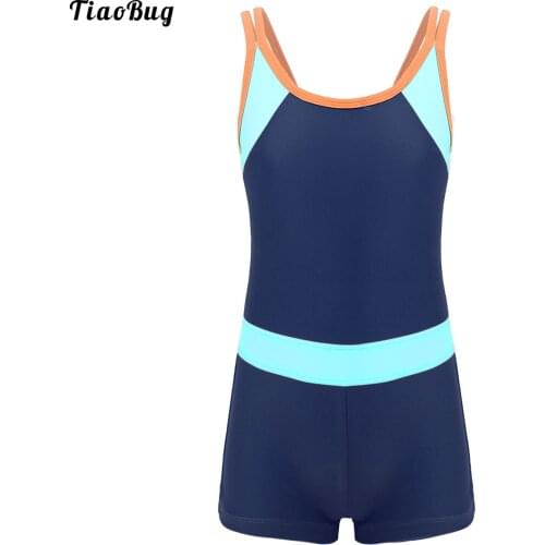 TiaoBug 6 To 14 Years Kids Girls Summer One-Piece Bodysuit Swimwear U Neck Spaghetti Straps Shorts Jumpsuit Beach Bathing Suits