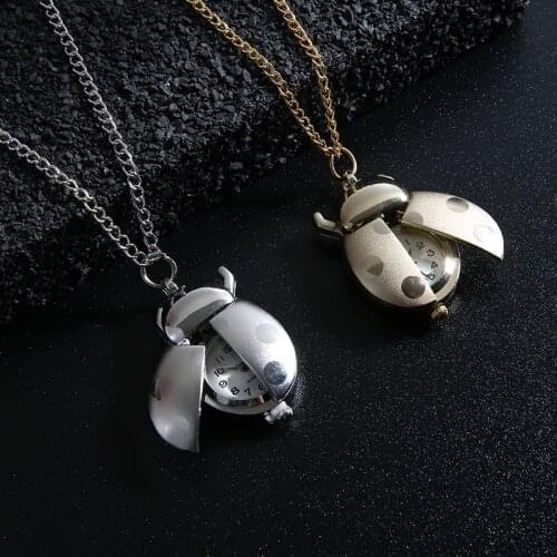 Fashion Ladybug Beetle Pocket Watch Women Girl Small Animal Chain Necklace Pendant Quartz Fob Pocket Watch Birthday Gift