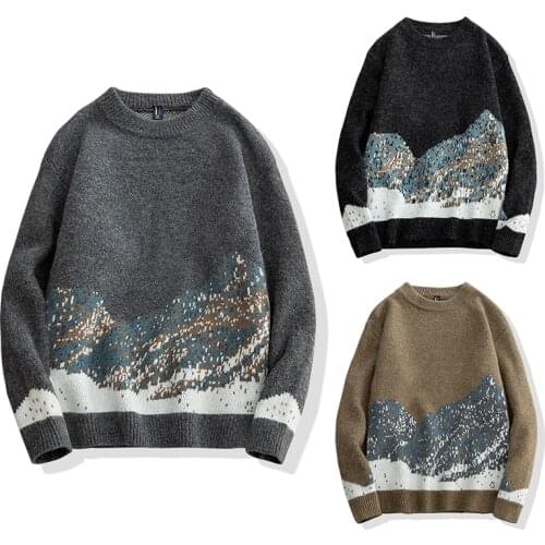 Men Autumn Harajuku Moutain Fashion Thick O-Neck Casual Sweater Men Winter Warm High Quality Loose Vintage Sweater Pullover Men
