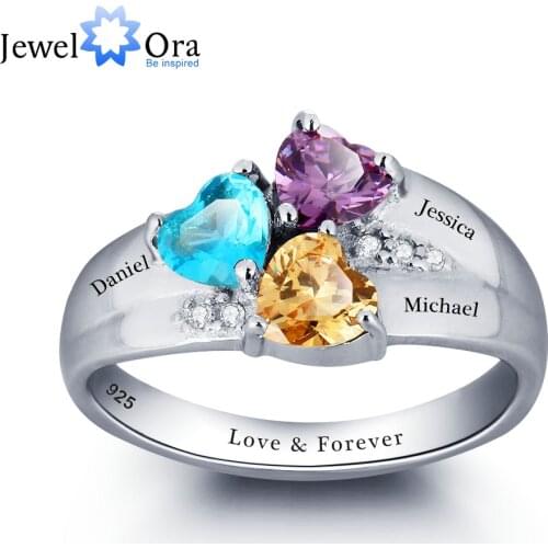 Mothers Rings Personalized Engrave Name Heart stone Jewelry 925 Sterling Silver Wedding Rings Birthday Gift (JewelOra RI101793)