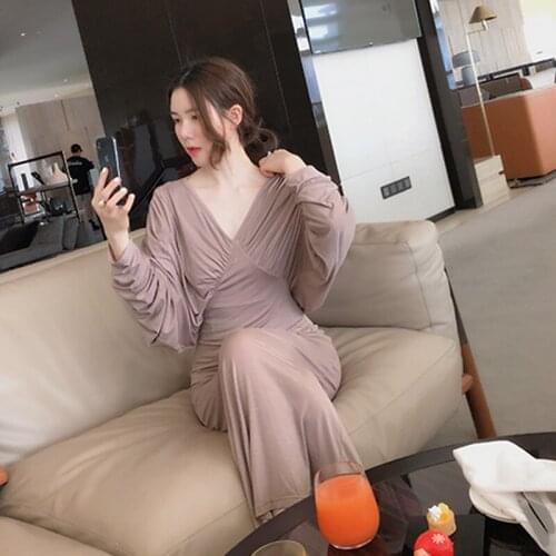 Elegant Dress Women V-Neck Sexy Bag Hip Bat Sleeve Slim Dress Fold Drape Temperament Long Sleeve Party Dress 2021Summer New Tide