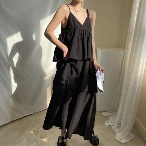 Summer Black V-neck Slim Loose Cascading Ruffle Ruffles Cake Spaghetti Strap A-LINE Solid Casual Dresses for Women X450