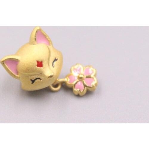 New Pure Solid 24K Yellow Gold Pendant 20x10.5mm Coloured Patterned Fox DIY Accessories Bead