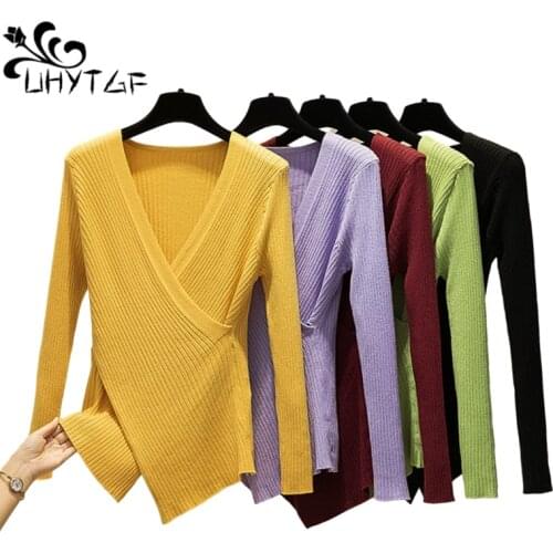 UHYTGF Pullover Sweater Autumn Winter Clothes Women Sweater Slim Woman Sweaters Irregular Hem Sweater Female Knit Sweaters 889