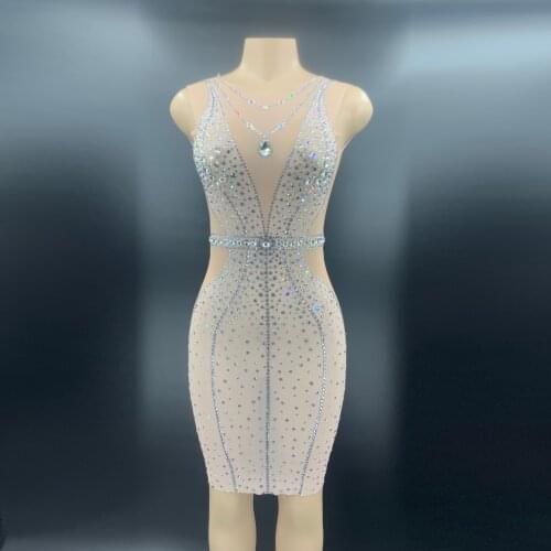 Mesh Transparent Silver Rhinestones Dress See Through Sleeveless Crystals Stretch Dress Birthday Celebrity Sexy Costume