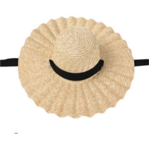 Natural Large Wide Brim Wavy Ruffles Hats wheat-straw Hat Women Summer Fringe Beach Hat Weave Sun Hat With Black&White Belt