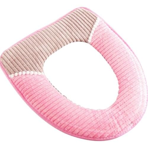 Toilet Seat Winter Home Warm Corduroy Stripe Sticky Buckle Waterproof Toilet Set Thickened Toilet Cushion (Beige)