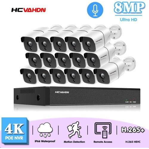 CCTV Camera Security System Kit 4K 16CH 8MP POE NVR Kit Outdoor Bullet IP Video Surveillance Camera System Set 16 Channel XMEYE