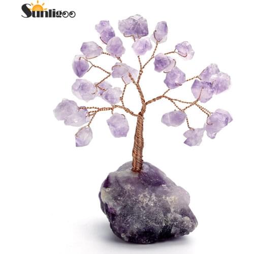 Sunligoo Amethyst Reiki Healing Crystal Money Tree Copper Wire Wrapped On Raw Fluorite Base Crystal Home Office Desk Trees Decor