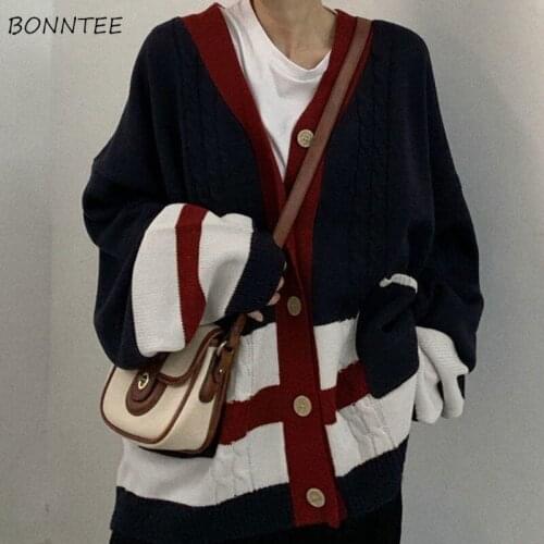 Sweaters Women Loose Autumn Fashion Cardigans Patchwork Design Pockets Artistic All-match College Daily Preppy Style Lovely Ins