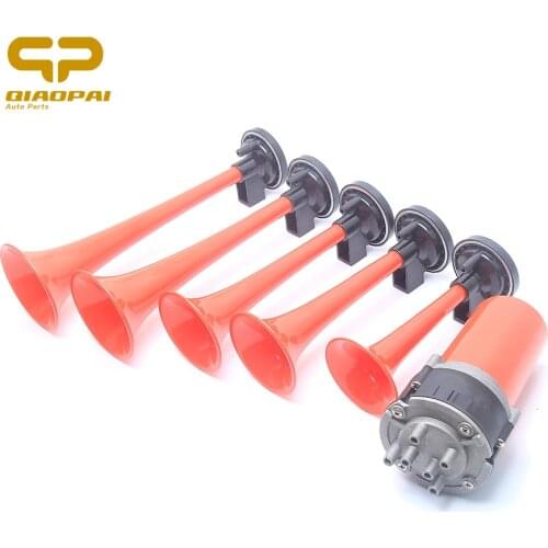 Universal Trumpet Air Horn Compressor 12V Tone Loud Trumpet Red Music Air Horn Sounds for Car Motorcycle Boat Truck Train Bus