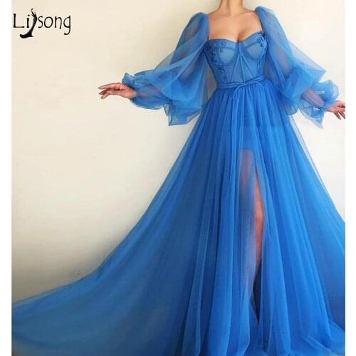 Sexy Sea Blue High Side Split Evening Dresses Puff Full Sleeves See Thru A-line Prom Gowns Flower Party Dress Robe De Soiree