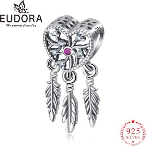 Eudora Genuine 925 Sterling Silver Dreamcatcher Bead Pink Zircon Heart fit Women Charms Bracelets Necklaces DIY Jewelry MYXZ163