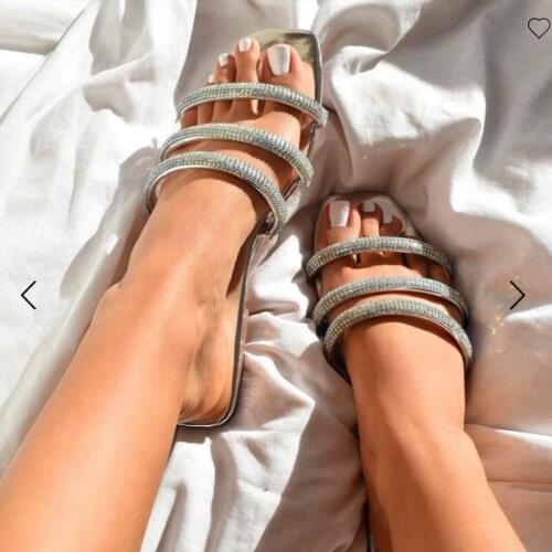 2021 Women Crystal Slippers Ladies Slip On Blling Beach Flats Shoes Female Summer Fashion Casual Narrow Band Slipper Woman Shoe