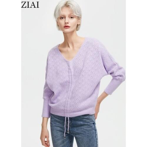 ZIAI 2021 Autumn NEW Womens Jumper Sweater Korean Fashion Oversize Female Long Sleeve V-Neck Hollow Top Knitted Pullover ZMY012