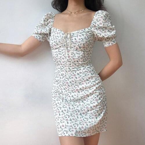 Summer Dress New Retro Boho Women Tie Neck Floral Print Floral Sexy White Dress Puff Sleeve Korean Vestidos
