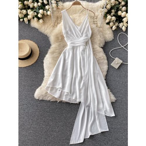 Sexy White Irregular Party Dress Women Elegant V-Neck Sleeveless High Waist Ruffle Spaghetti Strap Vestidos Bandage Robe 2021
